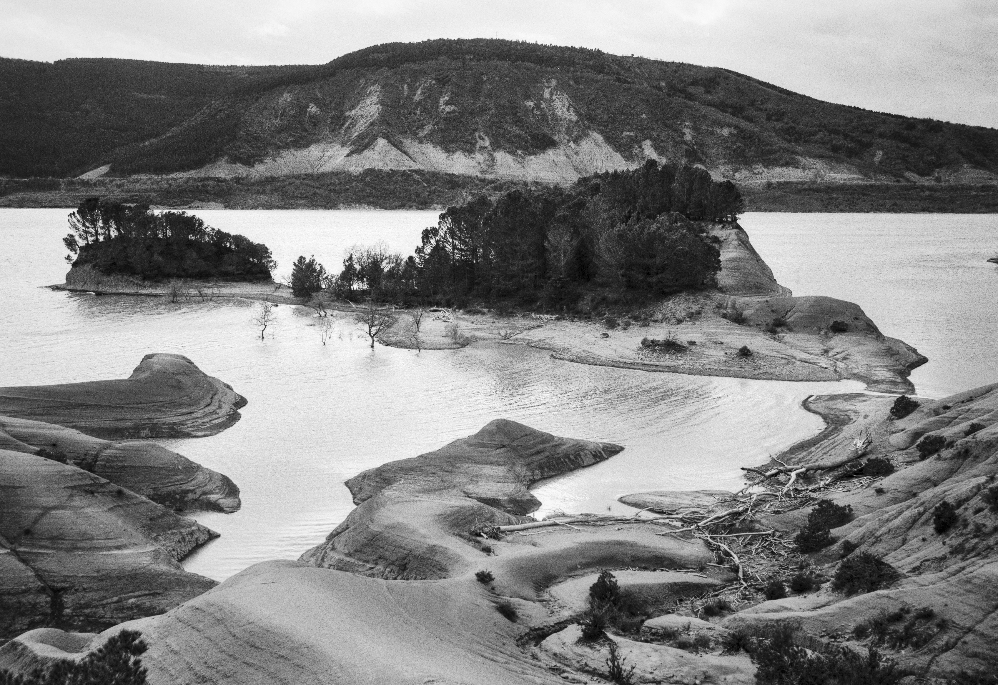 Layered sand formations and a small tree-covered island emerging from the calm waters of the Yesa Reservoir.